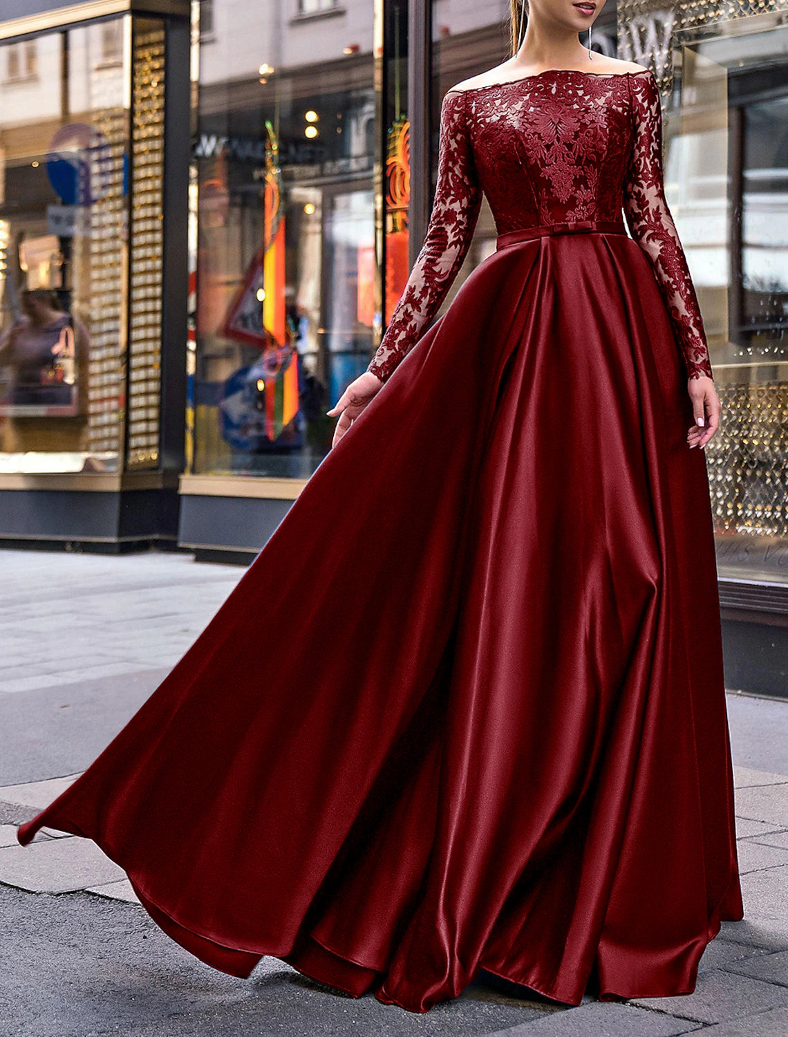 A-Line Evening Gown Party Dress Christmas Red Green Dress Elegant Dress Wedding Guest Fall Floor Length Long Sleeve Off Shoulder Belt / Sash Satin with Appliques 2025